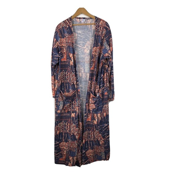 LuLaRoe Sweaters - Lularoe Sarah XL Duster Blue Peach Orange Aztec Tribal Ribbed Knit Cardigan